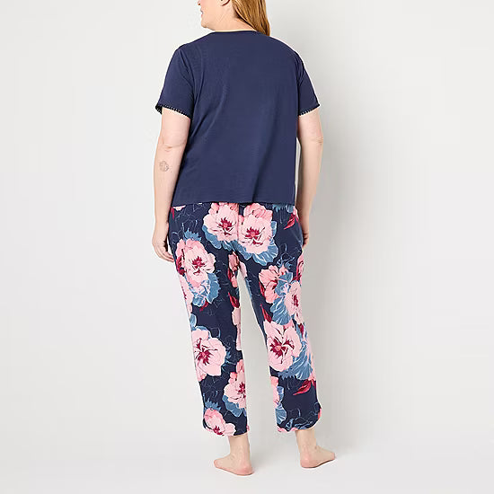 Liz Claiborne Womens V-Neck Short Sleeve 2-pc. Plus Pajama Sets