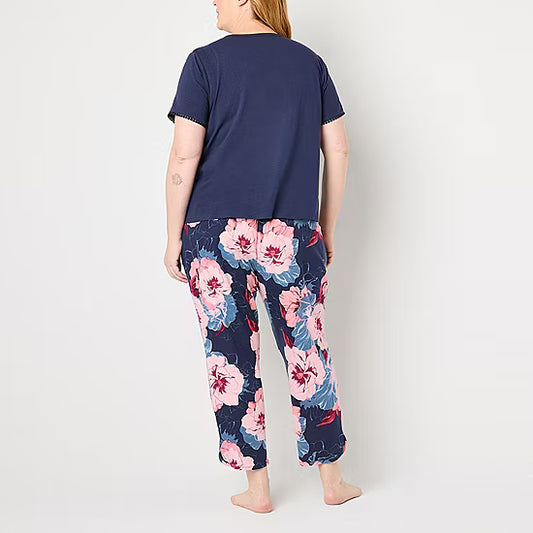 Liz Claiborne Womens V-Neck Short Sleeve 2-pc. Plus Pajama Sets