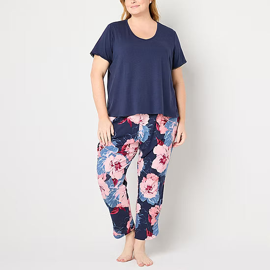 Liz Claiborne Womens V-Neck Short Sleeve 2-pc. Plus Pajama Sets