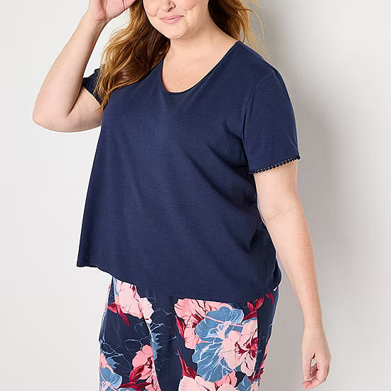 Liz Claiborne Womens V-Neck Short Sleeve 2-pc. Plus Pajama Sets