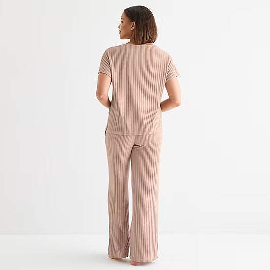 Liz Claiborne Womens Rib Round Neck Short Sleeve 2-pc. Pajama Sets