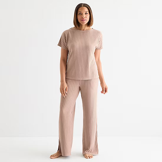 Liz Claiborne Womens Rib Round Neck Short Sleeve 2-pc. Pajama Sets